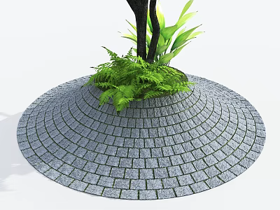 Circular Gray Brick Pavement With Green Plants And Tree In Garden 3d model