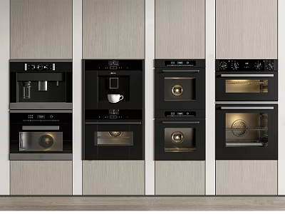 Modern Built in Kitchen Appliances Integrated In Wooden Cabinets With Coffee Machine And Oven 3d model