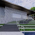 Modern Entrance Gate Design With Glass Panels Marble Walls Green Trees And Cloudy Sky