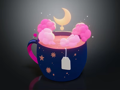 Cozy Hot Tea In Blue Mug With Star Patterns Clouds And Moon 3d model