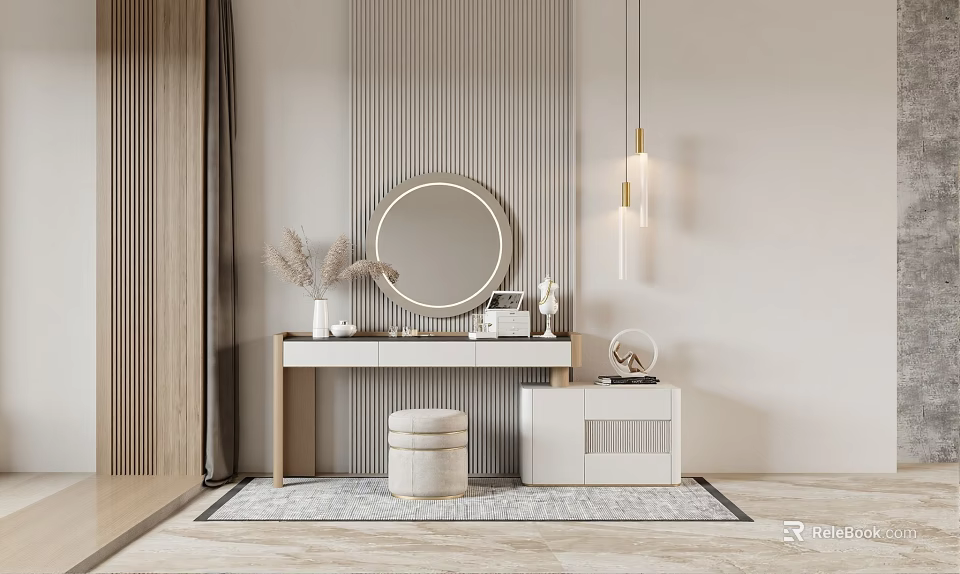 Modern Minimalist Dressing Table With Round Mirror Stool And Striped Wall Decor 3d model 
