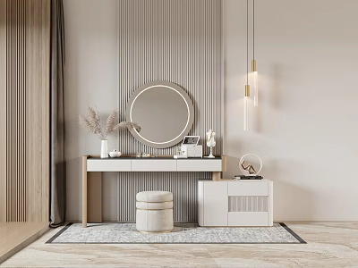 Modern Minimalist Dressing Table With Round Mirror Stool And Striped Wall Decor 3d model