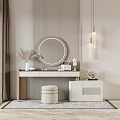 Modern Minimalist Dressing Table With Round Mirror Stool And Striped Wall Decor