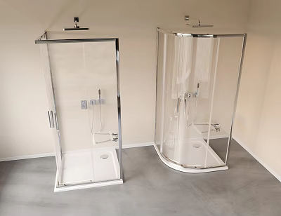 Two Modern Shower Sauna Units With Transparent Glass And Metal Frames 3d model