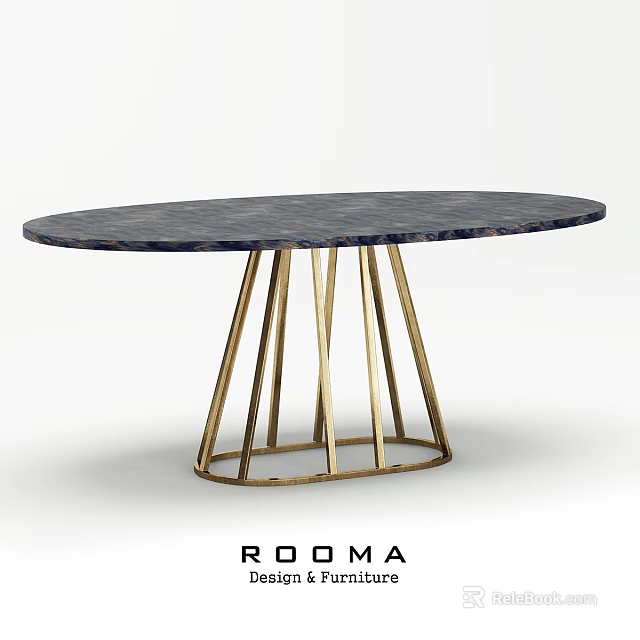 Modern Oval Dining Table With Dark Marble Surface And Gold Metal Legs 3d model