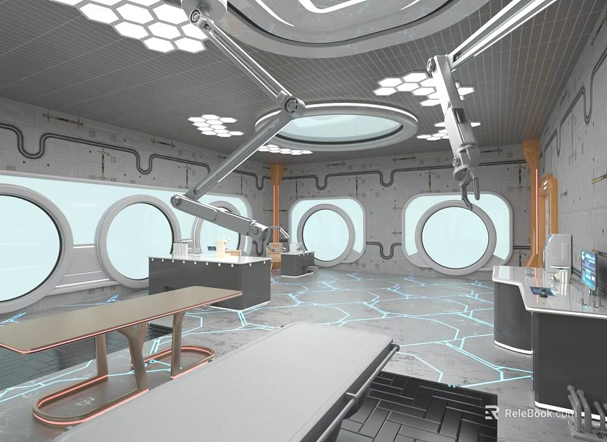 Futuristic Sci Fi Laboratory With Mechanical Arms And Circular Windows 3d model