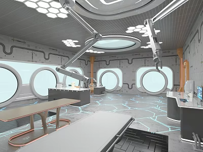 Futuristic Sci Fi Laboratory With Mechanical Arms And Circular Windows 3d model