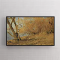 Rural Landscape Painting With Golden Field Dark Trees Haystacks And Serene Sky
