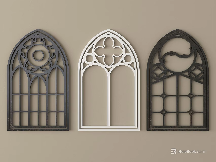 Three Arched Carved Windows with Intricate Patterns in Black and White 3d model 