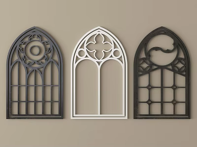 Three Arched Carved Windows with Intricate Patterns in Black and White 3d model