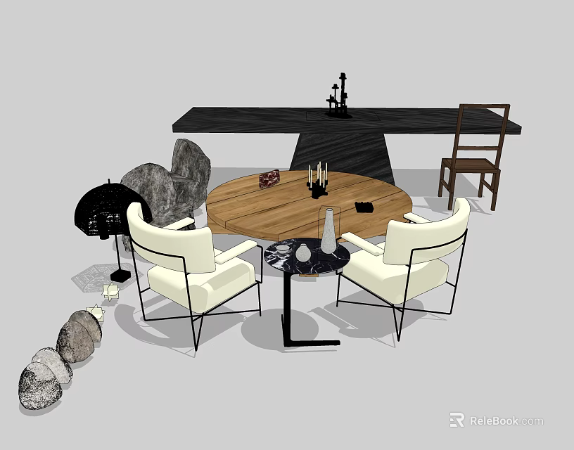 Garden Decorative Setup With Round Wooden Table White Chairs And Stone Ornaments 3d model 