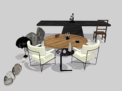 Garden Decorative Setup With Round Wooden Table White Chairs And Stone Ornaments 3d model