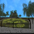 Scenic View of Pond with Lotus Leaves Wooden Railing and Weeping Willows Under Blue Sky