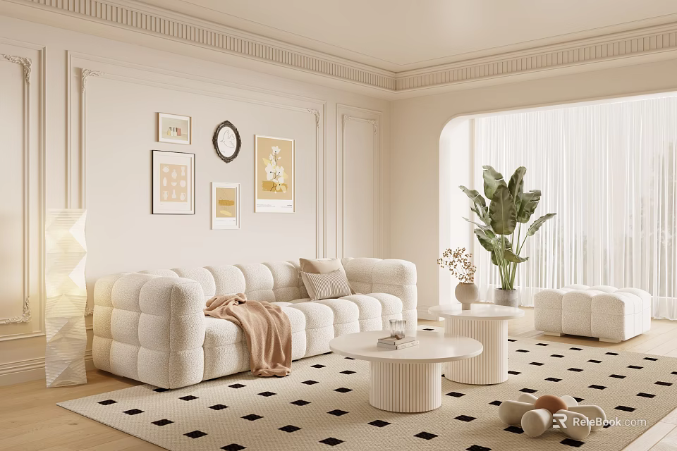 Modern Living Room Interior With Puffy White Sofa Framed Artworks Round Mirror And Green Plant 3d model 