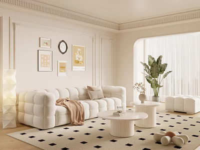 Modern Living Room Interior With Puffy White Sofa Framed Artworks Round Mirror And Green Plant 3d model