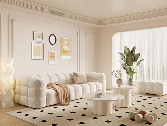 French Cream Style Sofa Coffee Table Combination Fabric Sofa Mother and Mother Coffee Table Pillow Decorative Painting Single Sofa 3d model