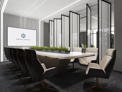 Modern Meeting Room Interior With Conference Table Leather Chairs And Green Plants 3d model