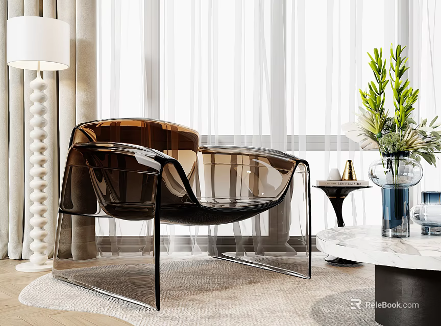 Transparent Brown Modern Leisure Chair With Floor Lamp Green Plants Near Floor To Ceiling Windows 3d model 