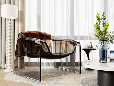Transparent Brown Modern Leisure Chair With Floor Lamp Green Plants Near Floor To Ceiling Windows 3d model
