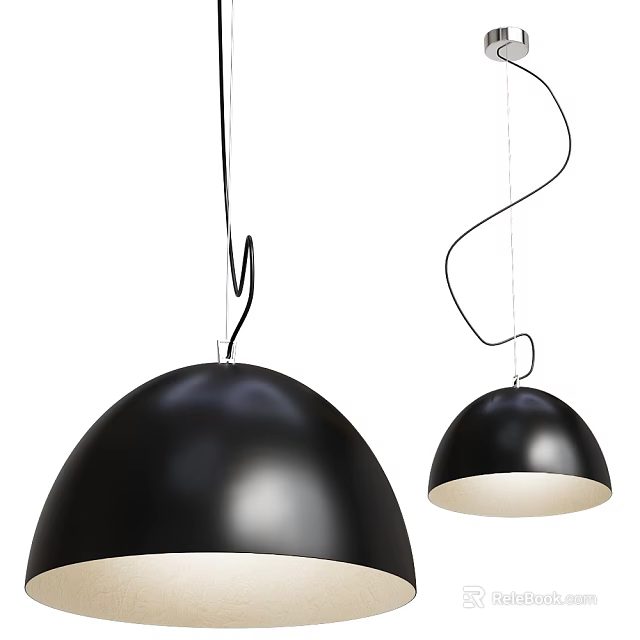 Modern Black Domed Pendant Lights Large And Small With White Interior And Curved Straight Cords 3d model 