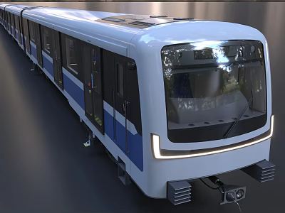Modern Metro Train With White Body Blue Stripes Front Large Windows And LED Lights 3d model