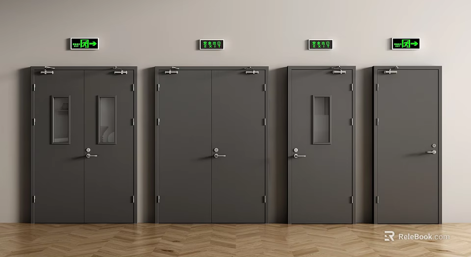 Solid Grey Double Doors With Green Exit Signs In Public Building Interior 3d model 