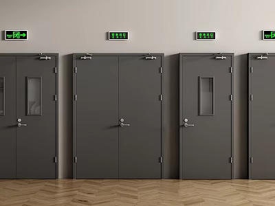 Solid Grey Double Doors With Green Exit Signs In Public Building Interior 3d model