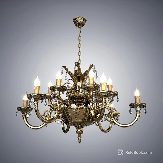 Classical Golden Chandelier With Ornate Design Candle Shaped Bulbs And Crystal Decorations 3d model 
