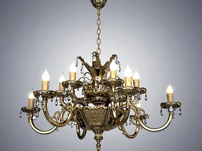 Classical Golden Chandelier With Ornate Design Candle Shaped Bulbs And Crystal Decorations 3d model