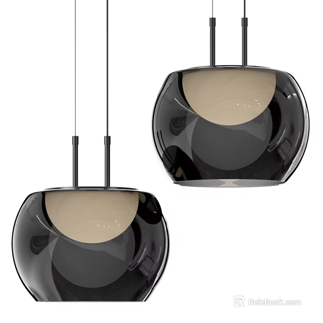 Two Modern Black Pendant Lights With Sleek Spherical Design And Beige Interior 3d model 