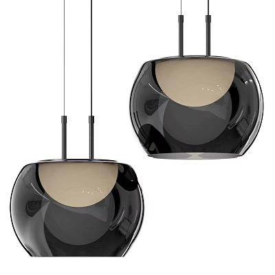 Two Modern Black Pendant Lights With Sleek Spherical Design And Beige Interior 3d model
