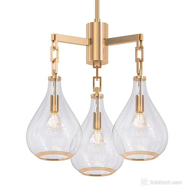 Elegant Modern Golden Chandelier With Three Teardrop Translucent Glass Shades 3d model 