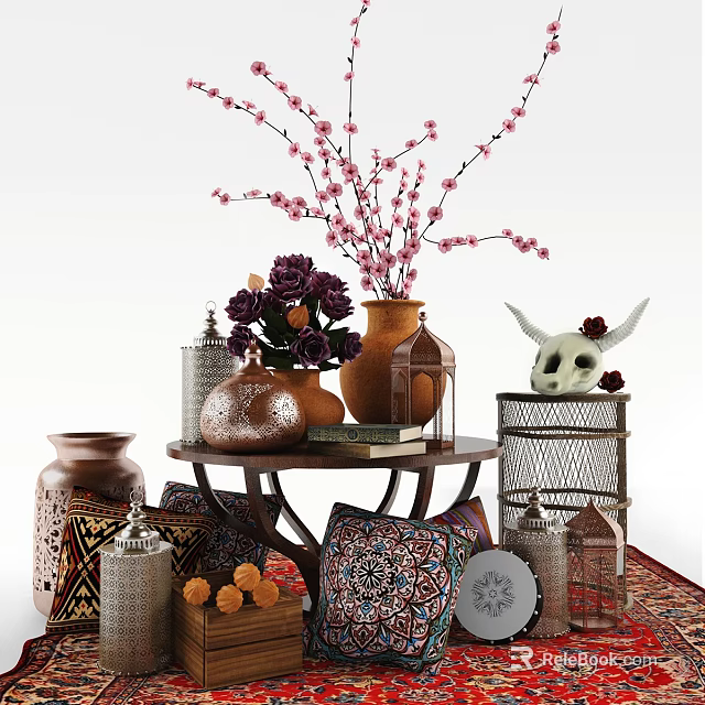 Ornament Decor Combination With Vase Pink Blossoms Purple Flowers Copper Containers And Carpet 3d model 