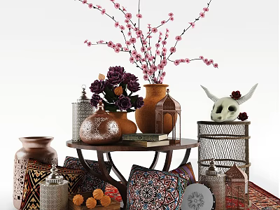 Ornament Decor Combination With Vase Pink Blossoms Purple Flowers Copper Containers And Carpet 3d model