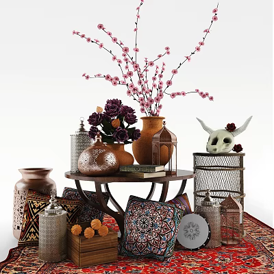 Ornament Decor Combination With Vase Pink Blossoms Purple Flowers Copper Containers And Carpet 3d model