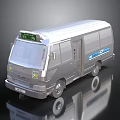 Silver Modern Van With Green Top Sign Blue Side Graphics And Reflective Surface