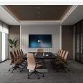 Modern Meeting Room Interior With Large Screen Conference Table Office Chairs Plants And Natural Light