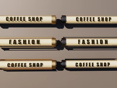 Golden Cylindrical Roadside Directional Signs Featuring Coffee Shop and Fashion Text 3d model