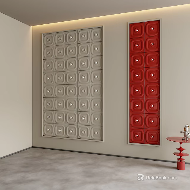 Modern Interior Design With Gray And Red Square Pattern Room Divider Panels 3d model