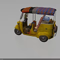 Yellow Traditional Three Wheeled Motorcycle With Colorful Canopy And Seats Details