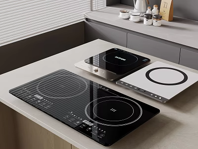 Sleek Modern Kitchen Countertop Featuring Multiple Induction Cooktops And Kitchen Appliances 3d model