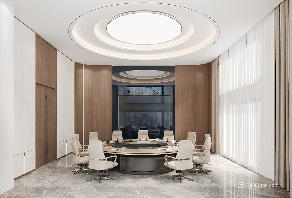 Modern Luxury Conference Room With Round Meeting Table Wood Wall Panels And Comfortable Office Chairs 3d model 