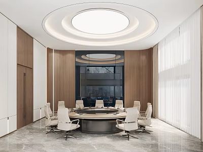 Modern Luxury Conference Room With Round Meeting Table Wood Wall Panels And Comfortable Office Chairs 3d model