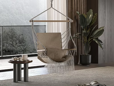Beige Hanging Chair With Macramé Tassels And Wooden Frame In Indoor Space With Large Plant 3d model