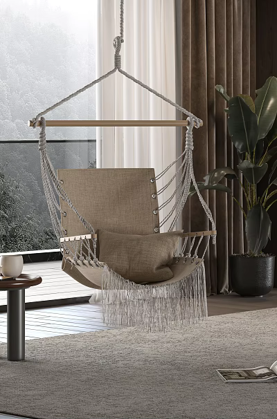 Beige Hanging Chair With Macramé Tassels And Wooden Frame In Indoor Space With Large Plant 3d model