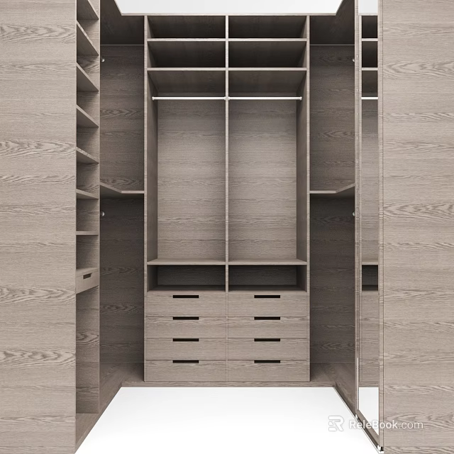Modern Natural Wood Wardrobe Interior Design With Open Shelves Drawers And Compartments 3d model 