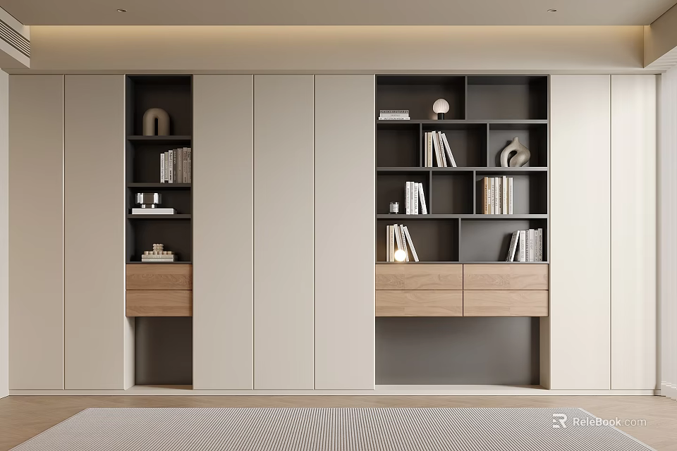 Modern Built In Bookcase Design With Open Shelves Drawers And Wooden Tones 3d model 