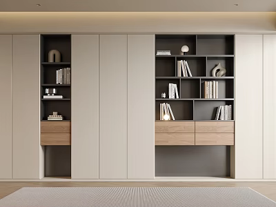 Modern Built In Bookcase Design With Open Shelves Drawers And Wooden Tones 3d model