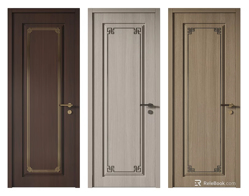 Flush Doors With Decorative Patterns In Different Wooden Tones And Classic Design 3d model
