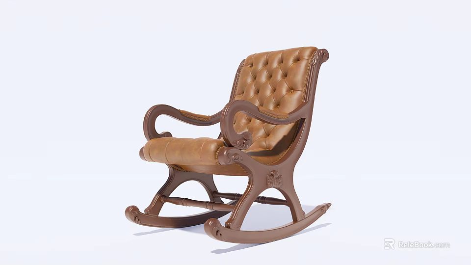 Classic Brown Leather Rocking Chair With Tufted Design And Wooden Frame 3d model 